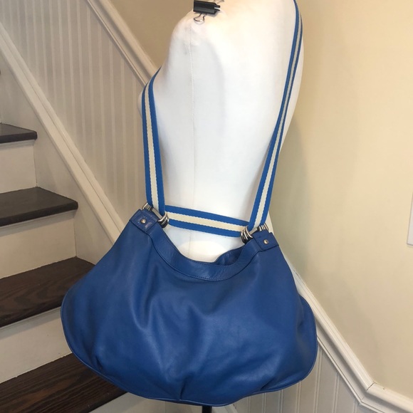 MARC JACOBS Blue Striped Crossbody Strap Pinstriped Interior Blue Leather Bag - Picture 6 of 17